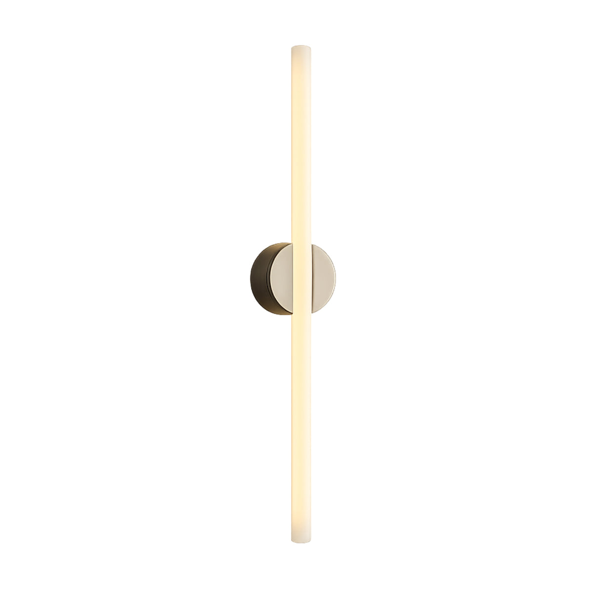 A modern vertical wall sconce, the Kilter Wall Light 640mm by Tala, features a cylindrical frosted borosilicate glass light tube mounted on a round metallic base against a white background—perfect for contemporary vanity lighting applications.