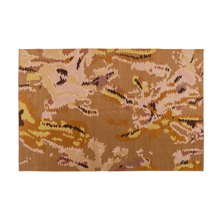 A rectangular, hand-tufted Ligne Roset Kimono Rug in New Zealand wool featuring an abstract, organic pattern in shades of brown, tan, and soft pink.