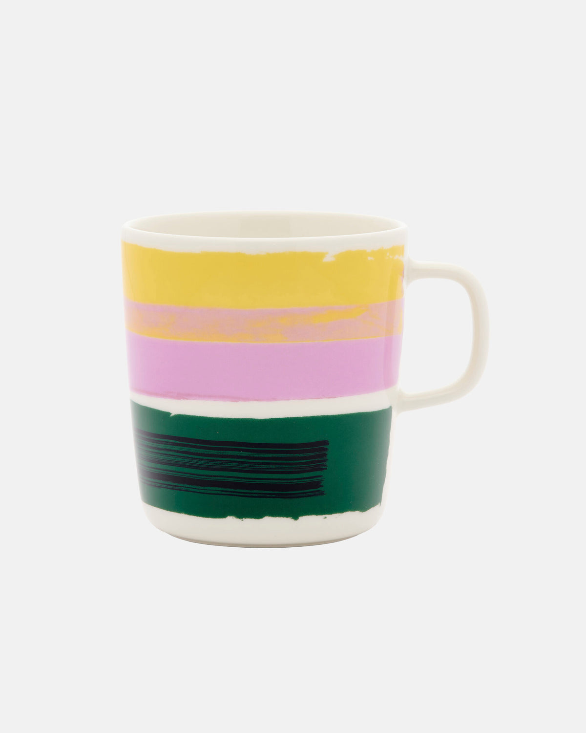 The Marimekko Daily Variations Mug 4dl is a white ceramic mug featuring horizontal stripes in yellow, pink, green, and black. Designed to complement contemporary home decor and inspired by Marimekko’s Daily Variations collection, the mug includes a right-side handle and is displayed against a plain white background.