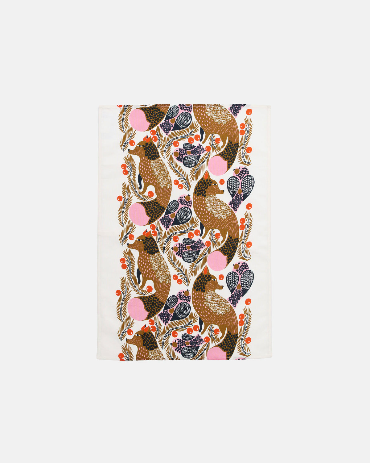 The Ketunmarja Kitchen Towel by Marimekko showcases a white cotton-linen fabric adorned with a vertically repeating pattern of brown birds, blue leaves, orange berries, and pink circles. This eye-catching towel brings a fresh twist to your Marimekko Christmas Edition décor.