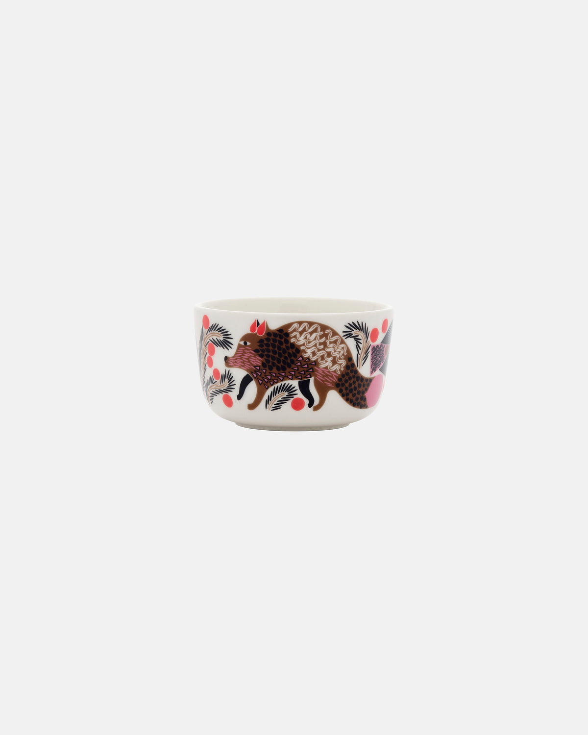The Marimekko Oiva / Ketunmarja Bowl 2,5dl is a white ceramic bowl featuring a stylized illustration of a brown hedgehog surrounded by black and pink plants and berries on a plain white background. Inspired by the classic Ketunmarja design, this festive tableware piece perfectly complements the Marimekko Christmas Edition collection.
