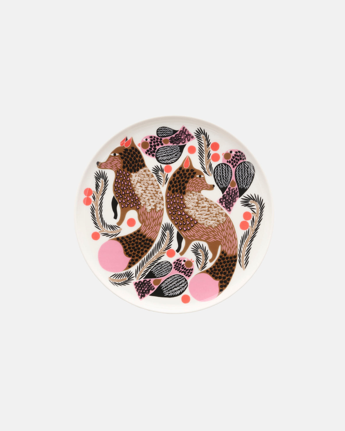 Add a festive touch to your Christmas table setting with the Marimekko Oiva / Ketunmarja Plate 20cm—a round white plate featuring an illustration of two foxes surrounded by stylized leaves, berries, and pink accents, inspired by the iconic Ketunmarja design.
