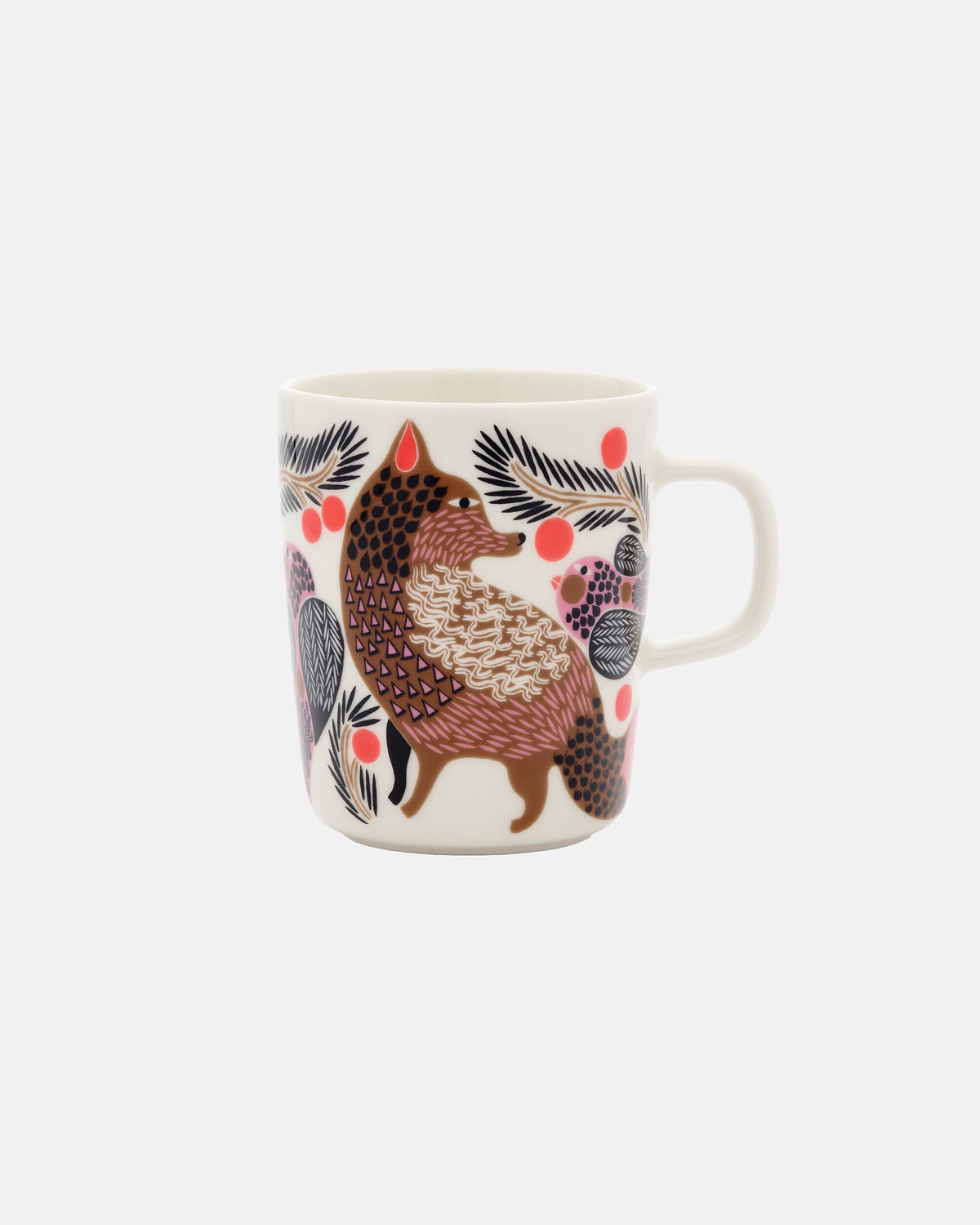 The Marimekko Oiva / Ketunmarja Mug 2,5dl is a white ceramic mug adorned with a stylized brown fox surrounded by abstract leaves and pink dots. This Christmas Edition 2026 design features a smooth handle and simple, modern shape—perfect for festive celebrations or everyday moments.