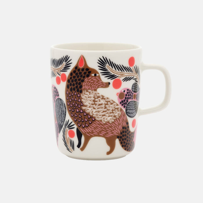The Marimekko Oiva / Ketunmarja Mug 2,5dl is a white ceramic mug adorned with a stylized brown fox surrounded by abstract leaves and pink dots. This Christmas Edition 2026 design features a smooth handle and simple, modern shape—perfect for festive celebrations or everyday moments.