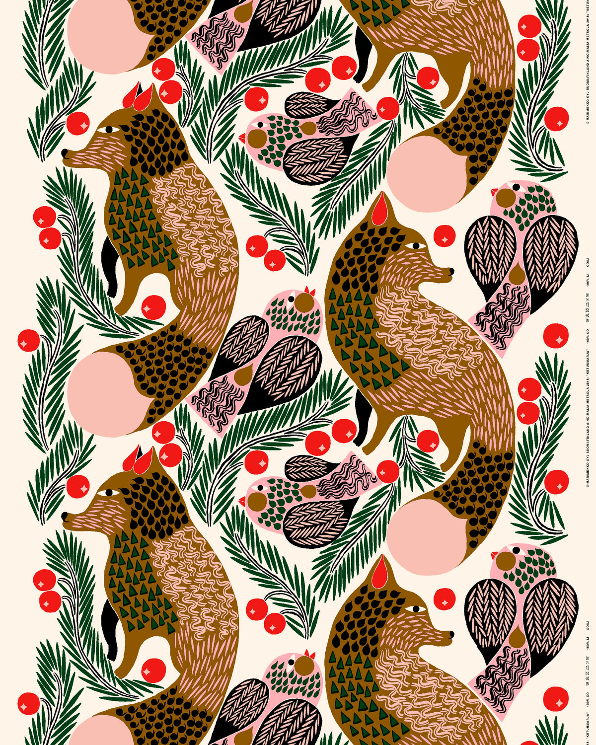 Featuring an illustrated pattern of foxes, birds, green pine branches, and red berries on a light background in a charming folk art style inspired by Marimekko’s Christmas Edition, the Ketunmarja Kitchen Towel by Marimekko is crafted from a cotton-linen blend. Its repeating design elements make it perfect for bringing festive warmth and charm to your kitchen décor.
