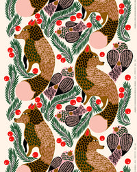 Featuring an illustrated pattern of foxes, birds, green pine branches, and red berries on a light background in a charming folk art style inspired by Marimekko’s Christmas Edition, the Ketunmarja Kitchen Towel by Marimekko is crafted from a cotton-linen blend. Its repeating design elements make it perfect for bringing festive warmth and charm to your kitchen décor.