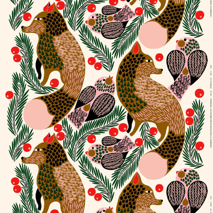Featuring an illustrated pattern of foxes, birds, green pine branches, and red berries on a light background in a charming folk art style inspired by Marimekko’s Christmas Edition, the Ketunmarja Kitchen Towel by Marimekko is crafted from a cotton-linen blend. Its repeating design elements make it perfect for bringing festive warmth and charm to your kitchen décor.