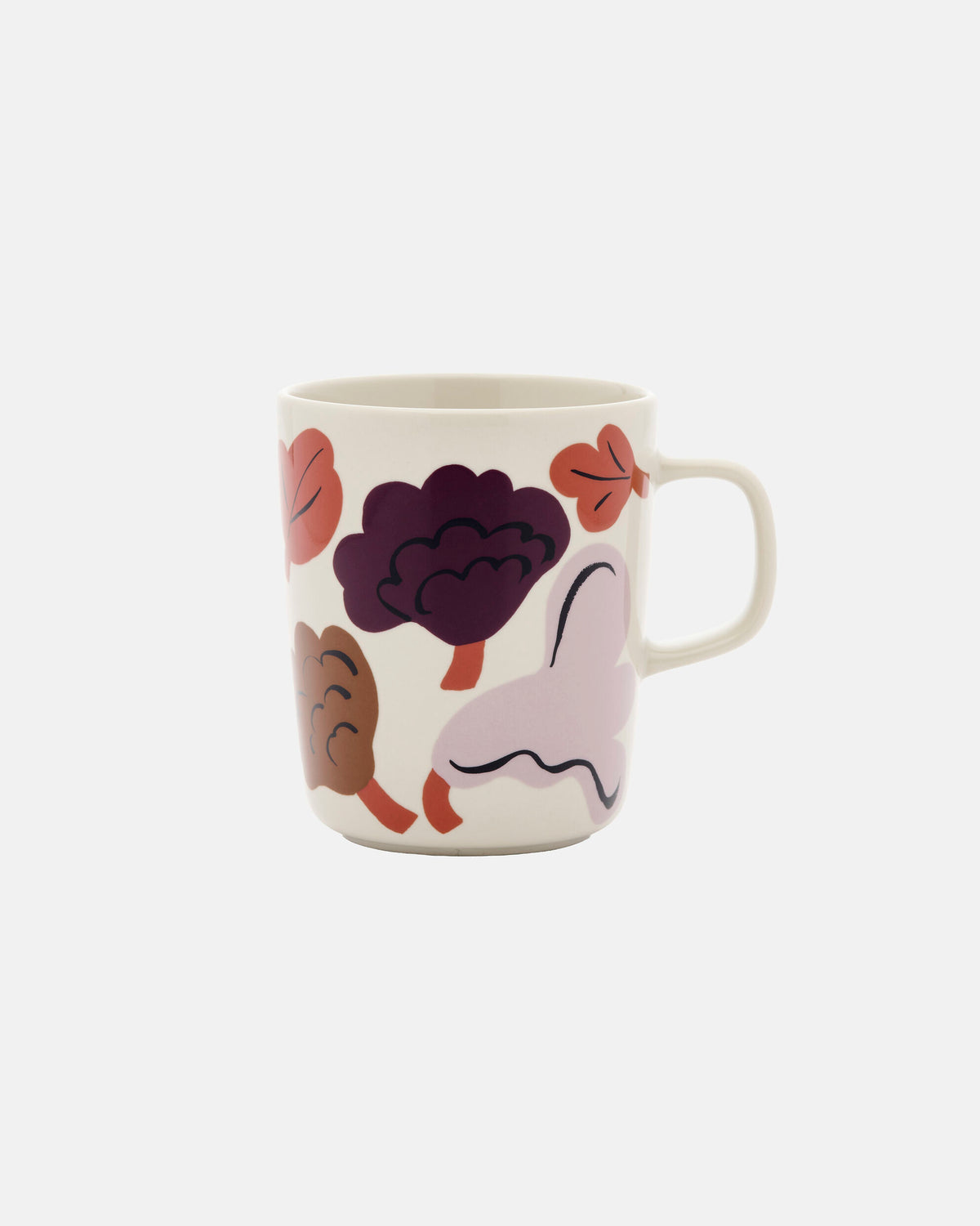 Introducing the Marimekko Kukasta Lukkaan Mug 2.5dl: a white ceramic Scandinavian mug with a handle, adorned with a vibrant abstract pattern of trees and leaves in shades of purple, pink, brown, and red against a plain white background.