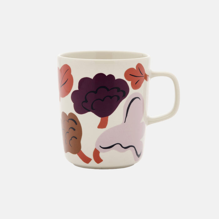 Introducing the Marimekko Kukasta Lukkaan Mug 2.5dl: a white ceramic Scandinavian mug with a handle, adorned with a vibrant abstract pattern of trees and leaves in shades of purple, pink, brown, and red against a plain white background.