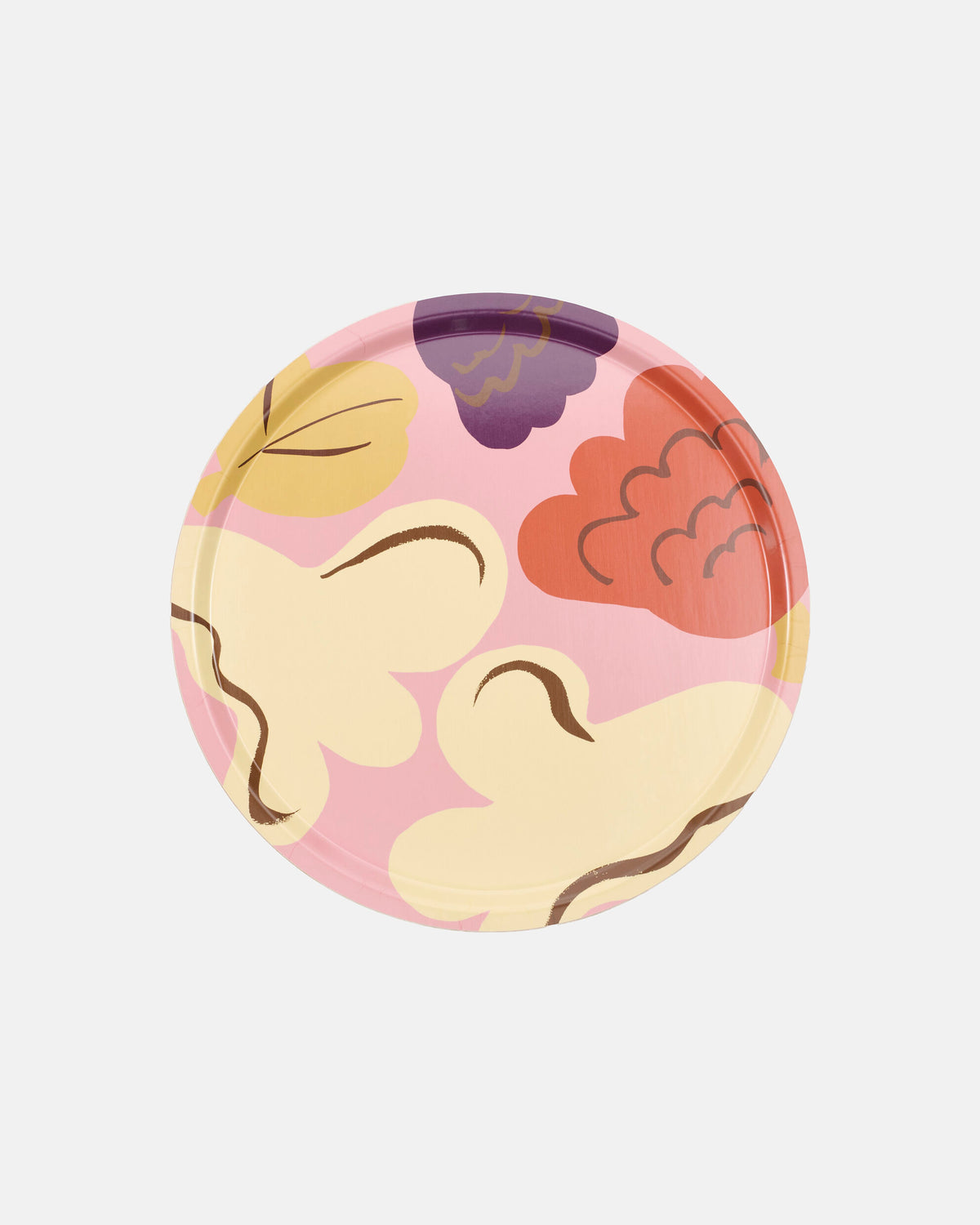 The Marimekko Kukasta Kukkaan Tray is a round birch plywood tray featuring a pink background adorned with abstract yellow, red, purple, and brown shapes reminiscent of clouds or leaves—perfect for infusing your table setting with signature Marimekko style.