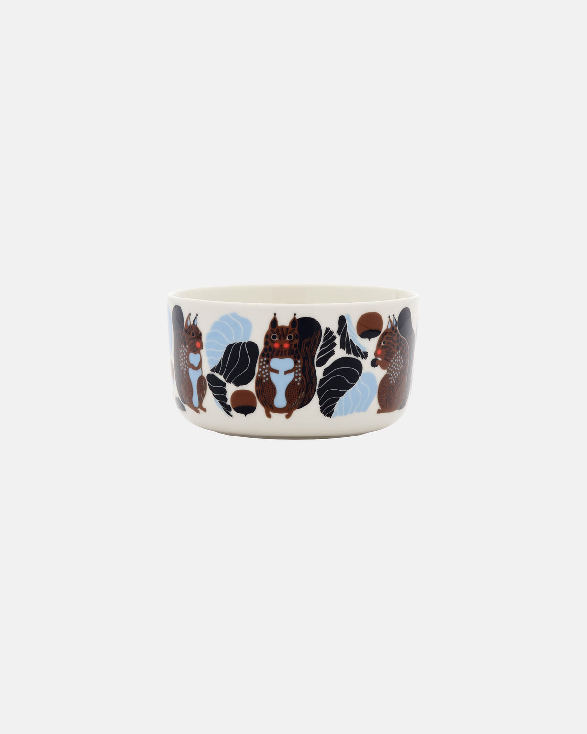 Introducing the Marimekko Oiva / Kurre Bowl 5dl—a ceramic bowl adorned with a forest-inspired pattern of illustrated brown squirrels, blue leaves, and acorns encircling a crisp white background. Ideal for adding to your Christmas Edition 2026 collection.