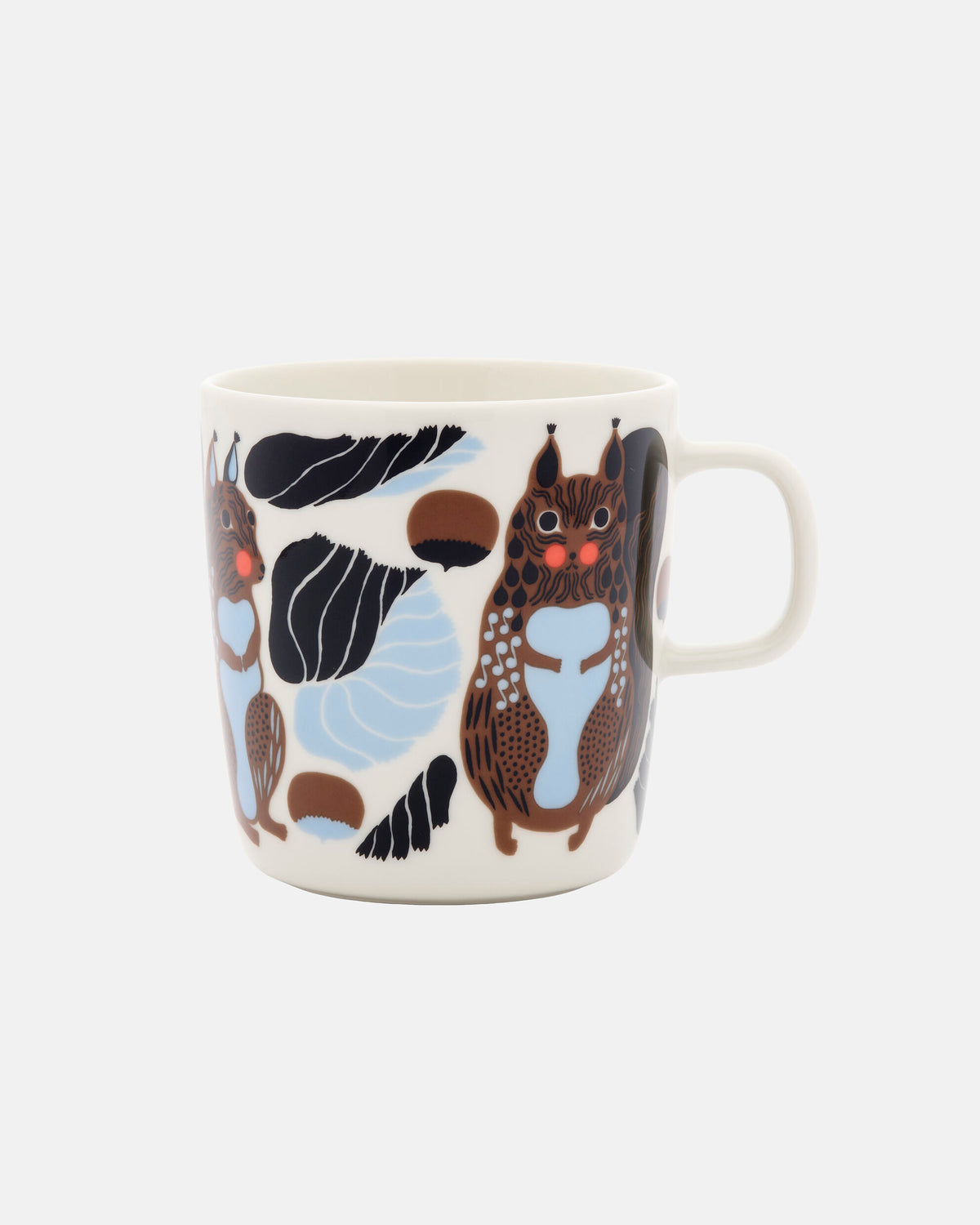 The Marimekko Oiva / Kurre Mug 2.5 dl is a white ceramic mug adorned with brown and black squirrel illustrations and blue and black abstract leaf motifs in a forest-inspired pattern, featuring a handle on the right side, set against a plain white background.
