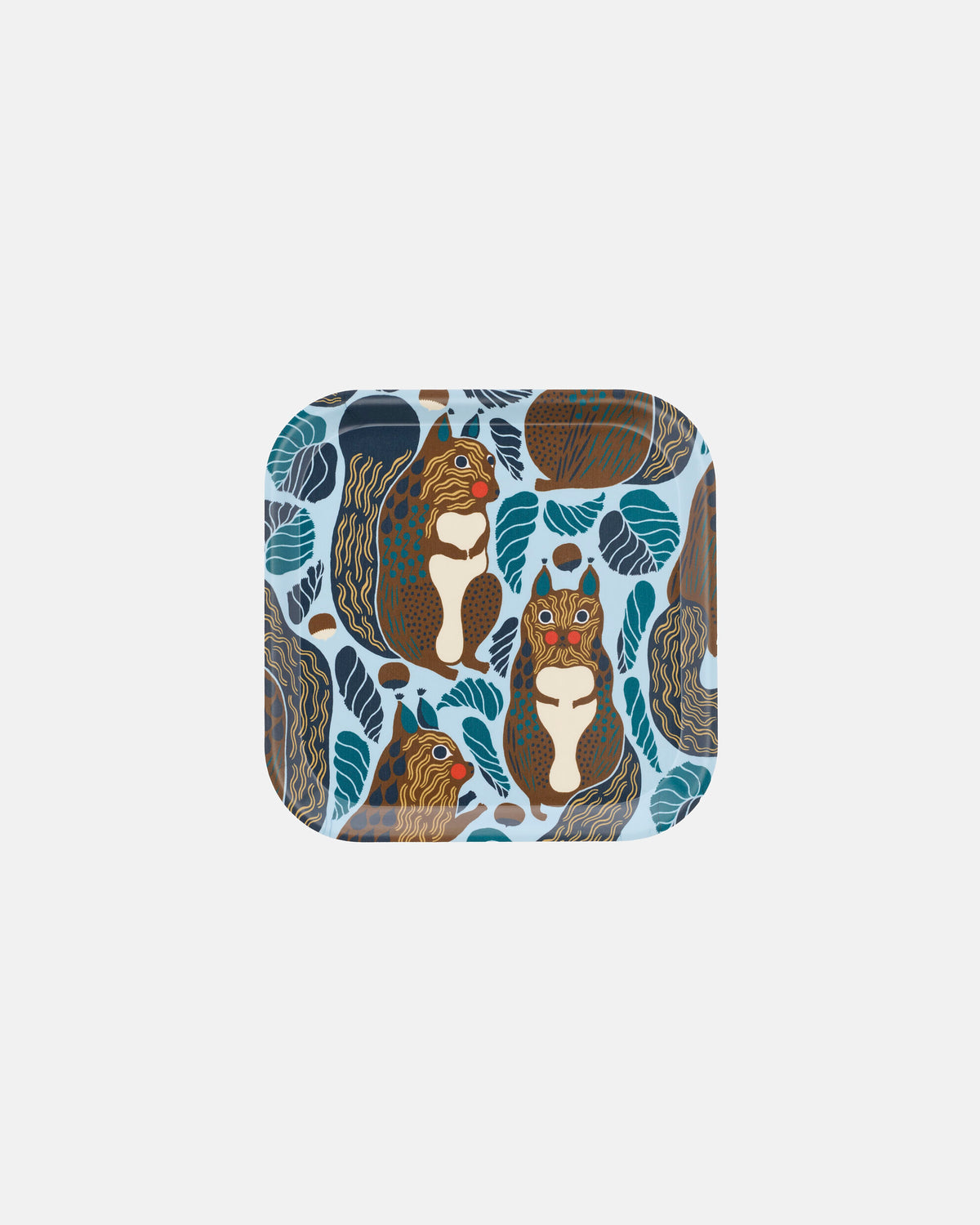 The Marimekko Kurre Tray is a rectangular serving tray made from high-quality birch plywood, featuring a vibrant pattern of brown squirrels and blue leaves on a light background—ideal for presenting treats during the Christmas Edition 2026.
