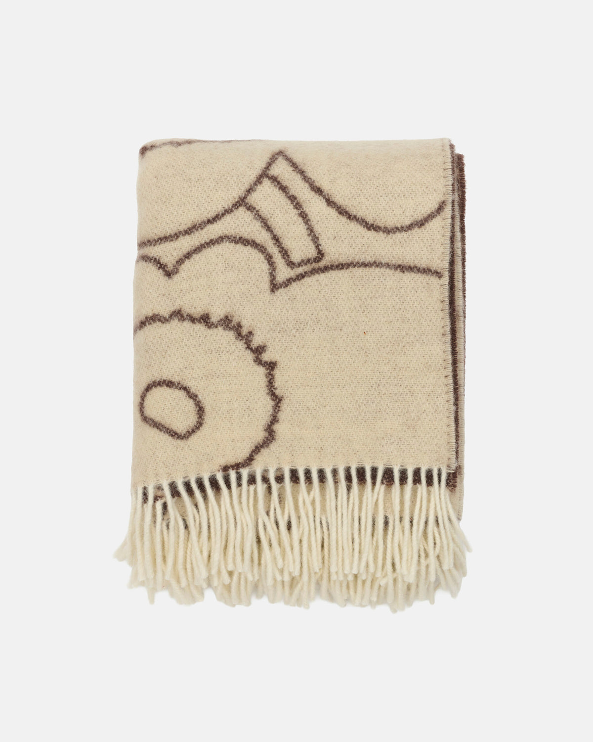 The Marimekko Piirto Unikko Blanket, a beige wool throw featuring brown abstract line patterns and fringed edges and crafted in accordance with the Responsible Wool Standard, is displayed on a plain white background.