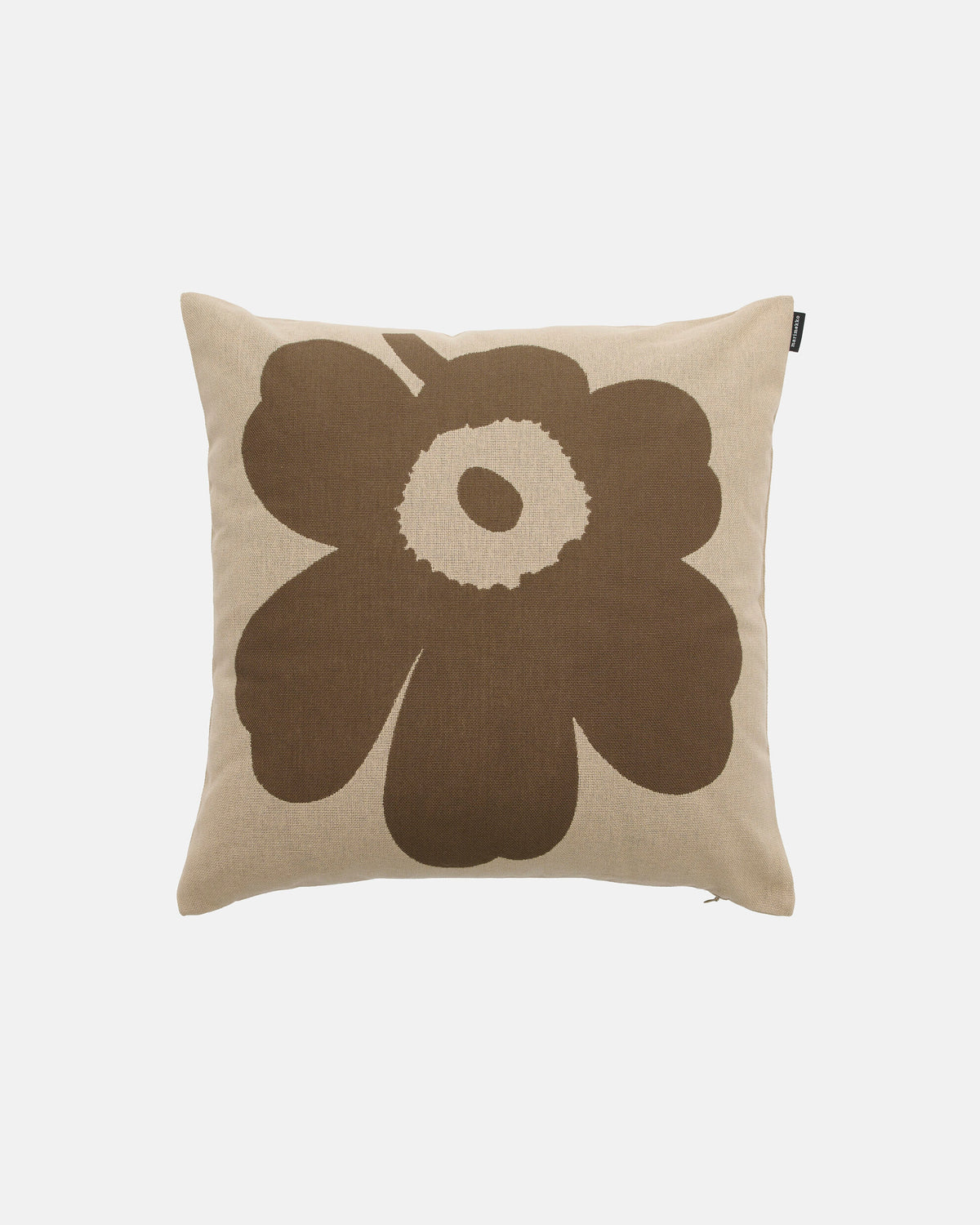 A Marimekko Unikko Cushion Cover in beige, featuring a large, stylized brown flower motif at the center, crafted from soft recycled cotton and displayed on a plain white background.