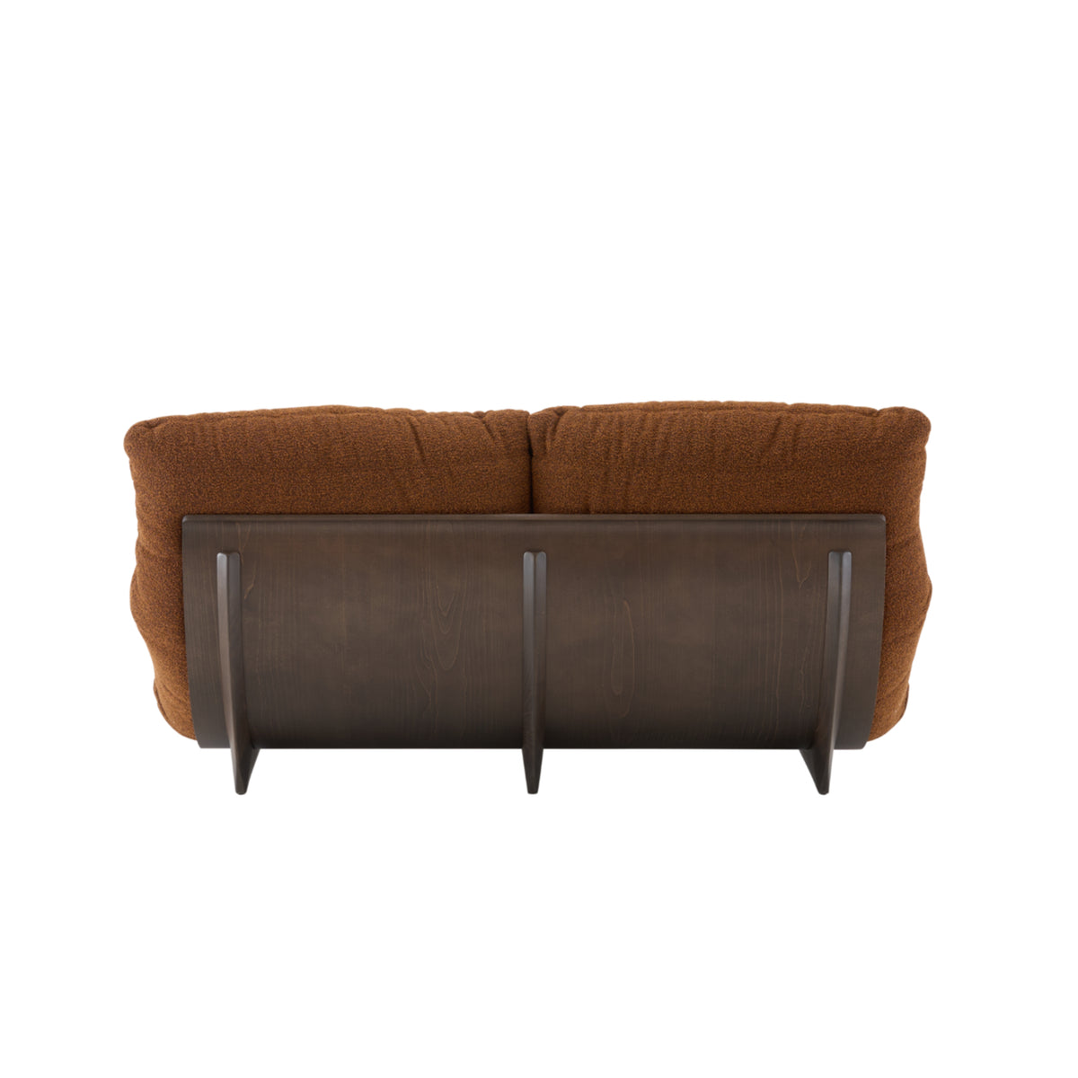 Back view of a Ligne Roset Marsala Medium Sofa in Parade fabric, a two-cushion design featuring brown textured upholstery set within a dark wood frame.
