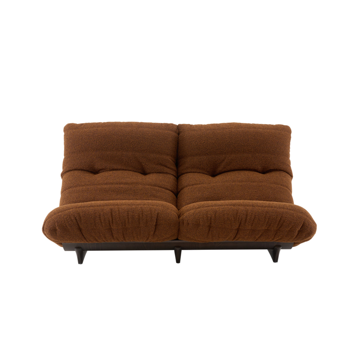 Two-seater low-profile Ligne Roset Marsala Medium sofa in brown Parade fabric with button tufting and dark wooden legs.