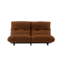 Two-seater low-profile Ligne Roset Marsala Medium sofa in brown Parade fabric with button tufting and dark wooden legs.
