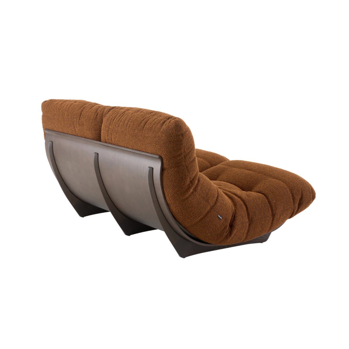 Low-profile brown textured Marsala Medium Sofa in Parade Fabric by Ligne Roset, featuring a curved dark wood frame and tufted cushions.