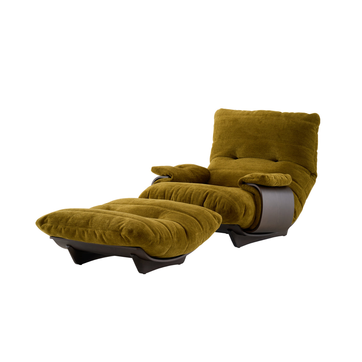 Olive green chenille Ligne Roset Marsala Armchair, Festa Fabric with a matching ottoman and dark wood curved armrests.