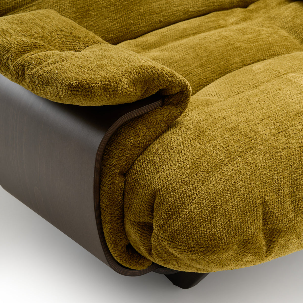 A curved dark wood frame supports mustard yellow chenille upholstery on this Marsala Armchair in Festa Fabric.