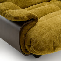 A curved dark wood frame supports mustard yellow chenille upholstery on this Marsala Armchair in Festa Fabric.