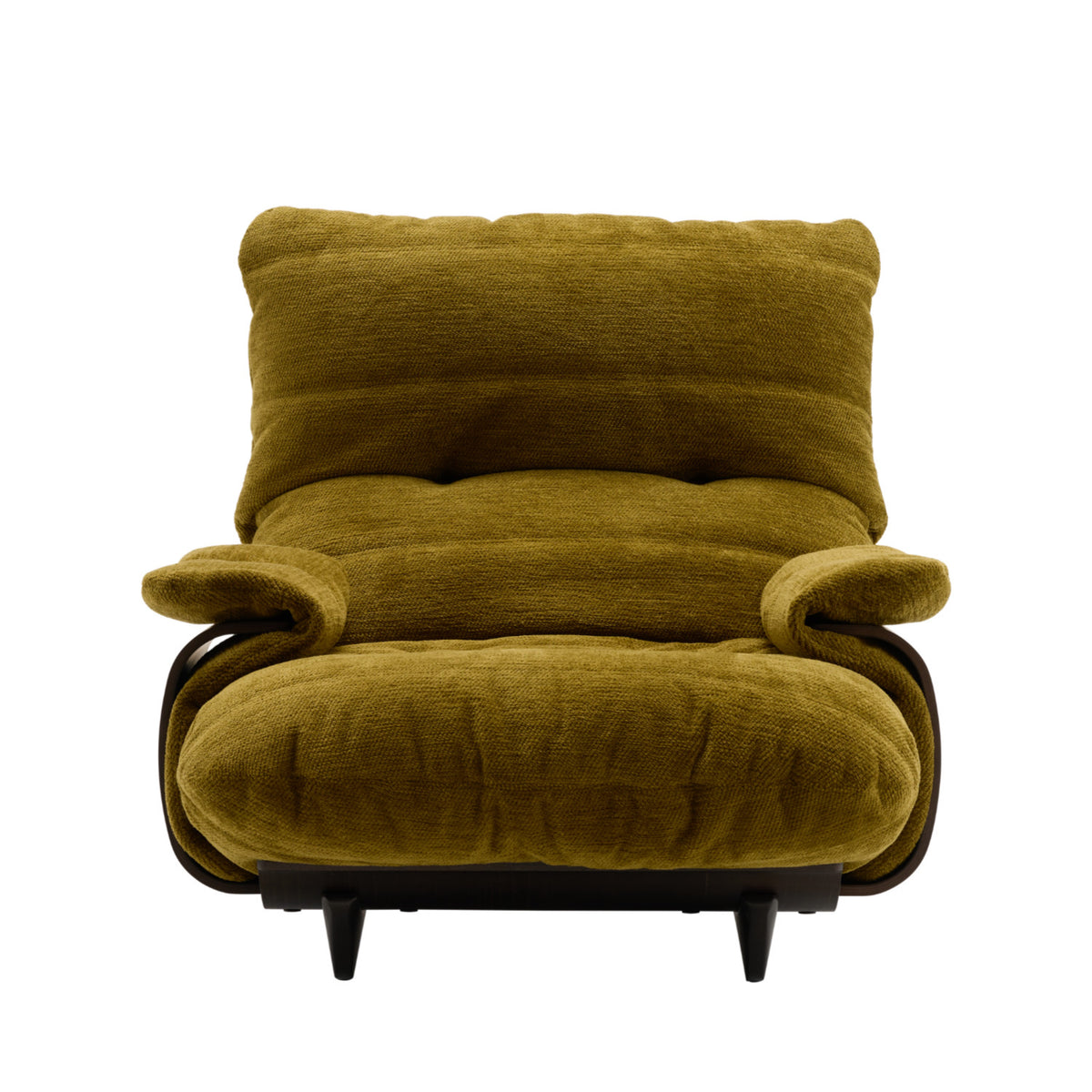 An olive green chenille Marsala Armchair in Festa fabric with a low, wide profile and a dark frame.