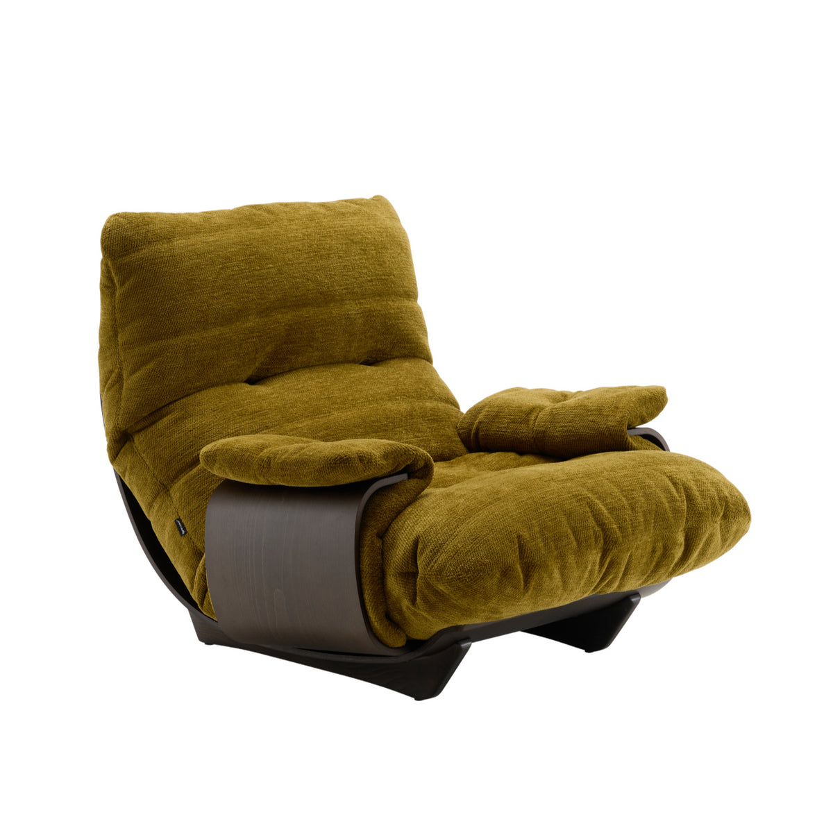 Low-profile Marsala Armchair in Festa fabric, featuring an olive green chenille-upholstered seat and back supported by a dark wood frame.