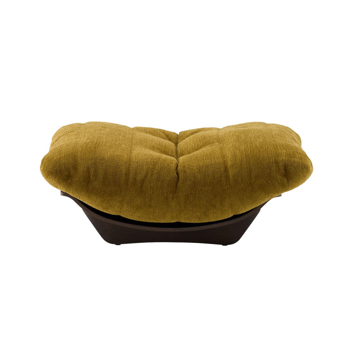 Mustard-colored Marsala footstool in Festa fabric with a tufted top and a dark brown curved base.
