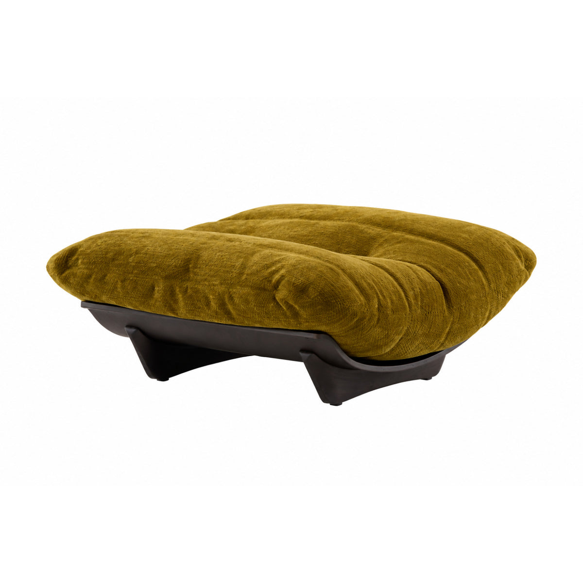 Low-profile, olive green tufted Marsala footstool in Festa fabric on a dark base.