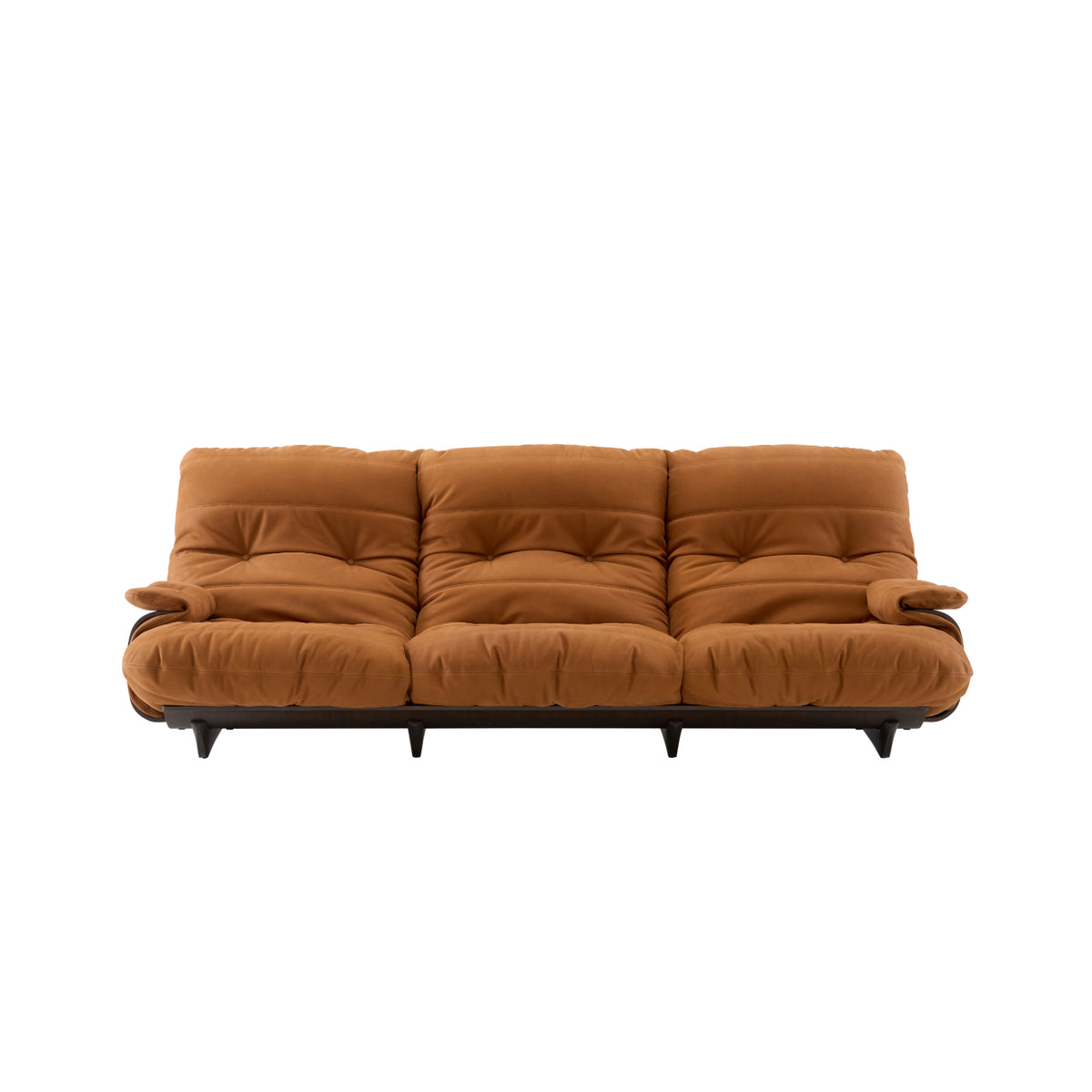 A Ligne Roset Marsala 3-Seat Sofa, Soft Touch Leather in rust brown with tufted cushions and dark wooden legs.
