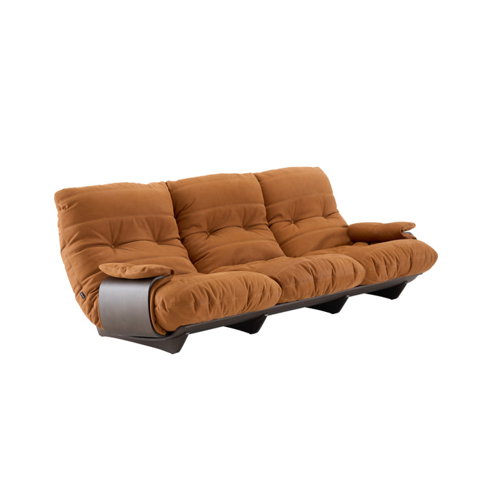 Ligne Roset Marsala 3-Seat Sofa in rust-colored Soft Touch leather, featuring tufted cushions supported by a dark wood frame and curved side panels.