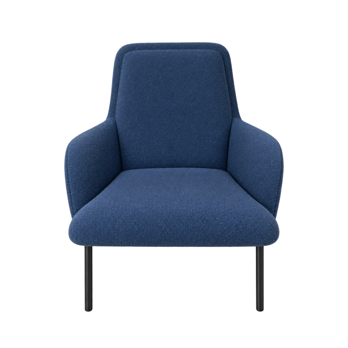Ex-Display Oliver Armchair in Willow Blue fabric with a rounded back and thin black metal legs.