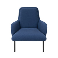Ex-Display Oliver Armchair in Willow Blue fabric with a rounded back and thin black metal legs.