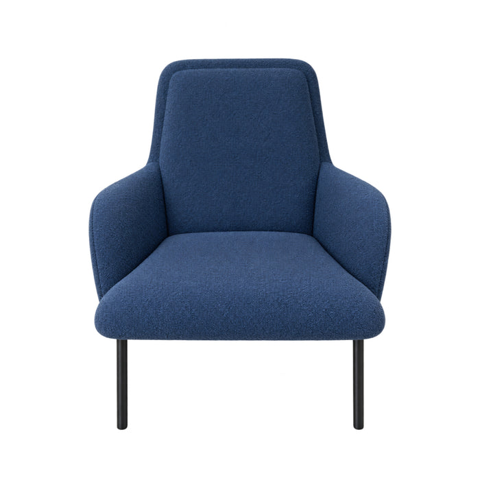 Ex-Display Oliver Armchair in Willow Blue fabric with a rounded back and thin black metal legs.