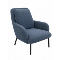 Ex-Display Oliver Armchair in willow blue fabric with a high back, curved armrests, and thin black legs.