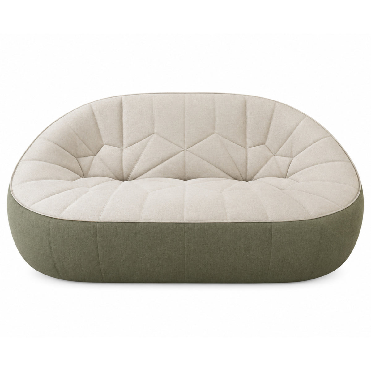 Low-profile, two-seat Ex-Display Ottoman 2-Seat Sofa by Ligne Roset with a rounded silhouette, featuring a tufted, cream-colored seat and a solid olive-green base.