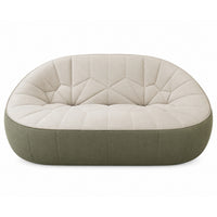 Low-profile, two-seat Ex-Display Ottoman 2-Seat Sofa by Ligne Roset with a rounded silhouette, featuring a tufted, cream-colored seat and a solid olive-green base.