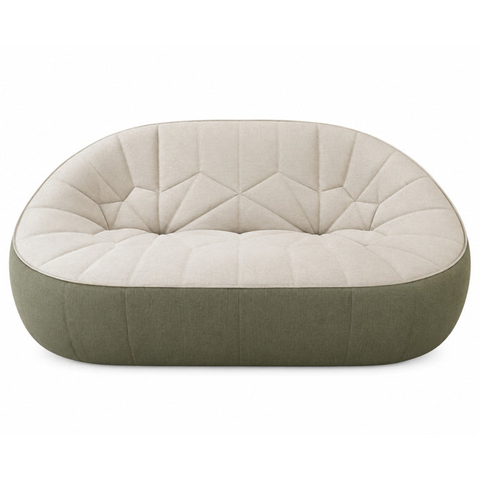 Low-profile, two-seat Ex-Display Ottoman 2-Seat Sofa by Ligne Roset with a rounded silhouette, featuring a tufted, cream-colored seat and a solid olive-green base.