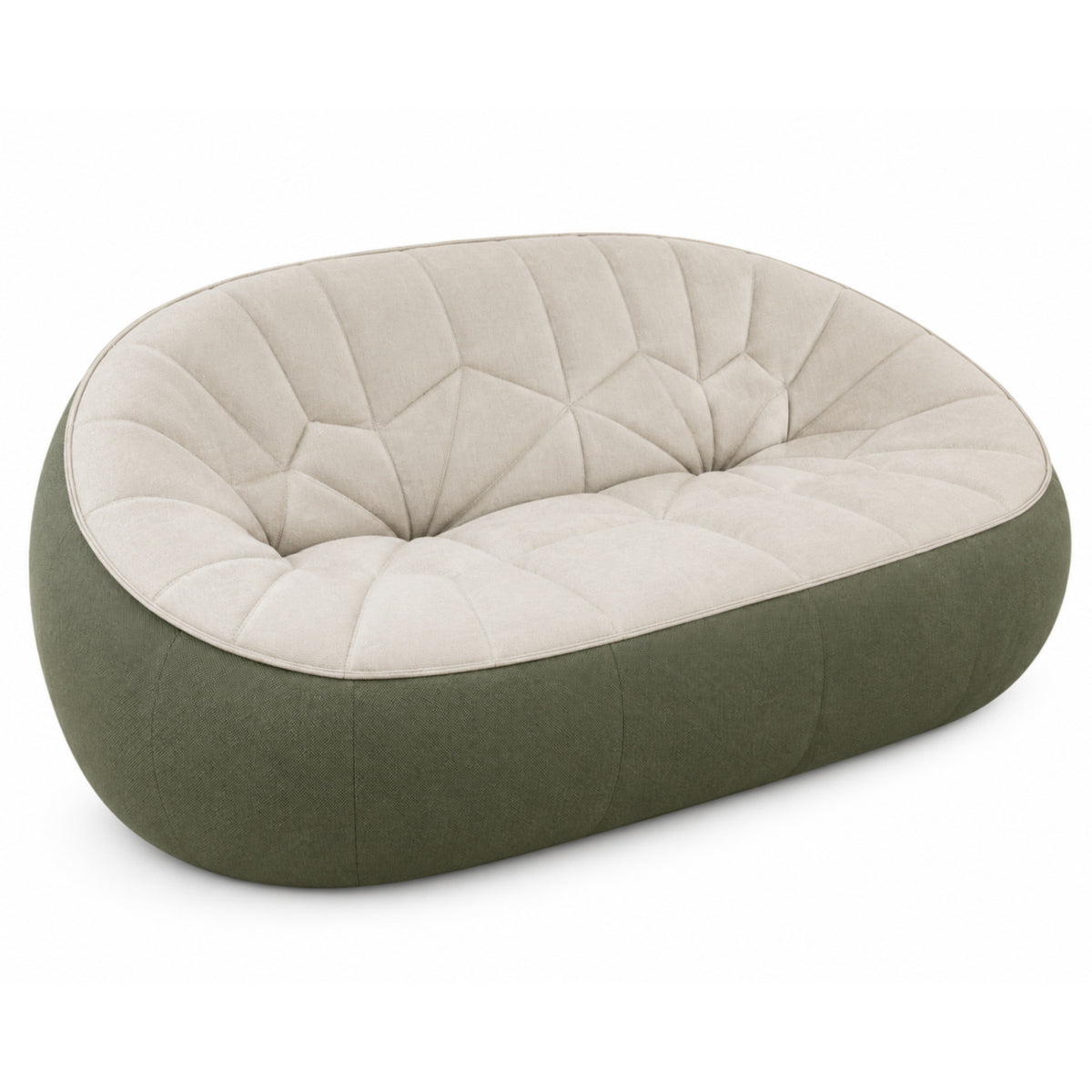 Low-profile Ligne Roset Ex-Display Ottoman 2-Seat Sofa featuring a cream-colored, tufted cushion set within a dark green rounded frame.