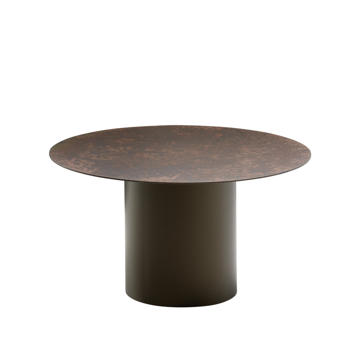 The Oxydation Coffee Table by Ligne Roset features a wide, flat, brown textured top and a solid cylindrical dark brown base, set against a plain white background. Drawing inspiration from Kateryna Sokolova’s distinctive style, this piece showcases the artistry of oxidised metal tables found in her renowned Oxydation tables collection.