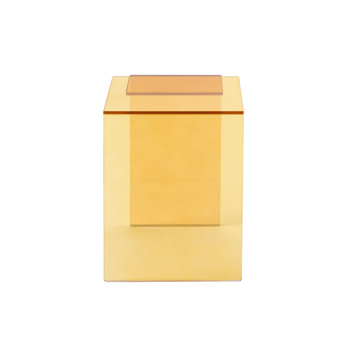 The Patchs Occasional Table by Ligne Roset is a modern, cube-shaped pedestal with a glossy yellow or gold finish and minimalist design, displayed against a white background.