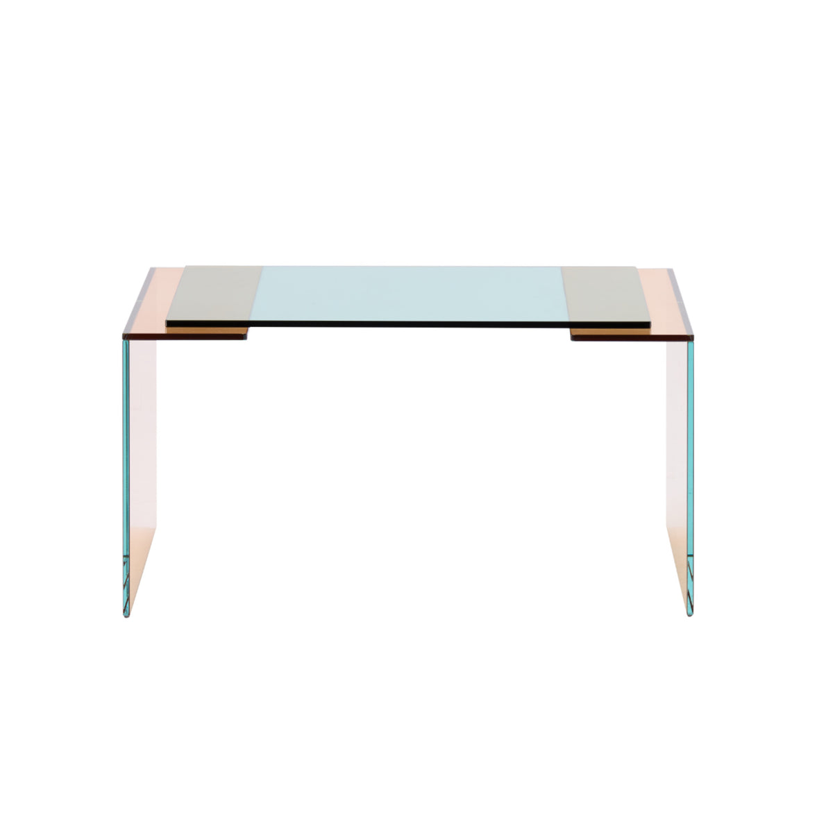 The Patchs Low Table by Ligne Roset is a minimalist, modern piece crafted entirely from transparent, green-tinted tempered glass, featuring a rectangular top and side panels, shown from the front against a white background.