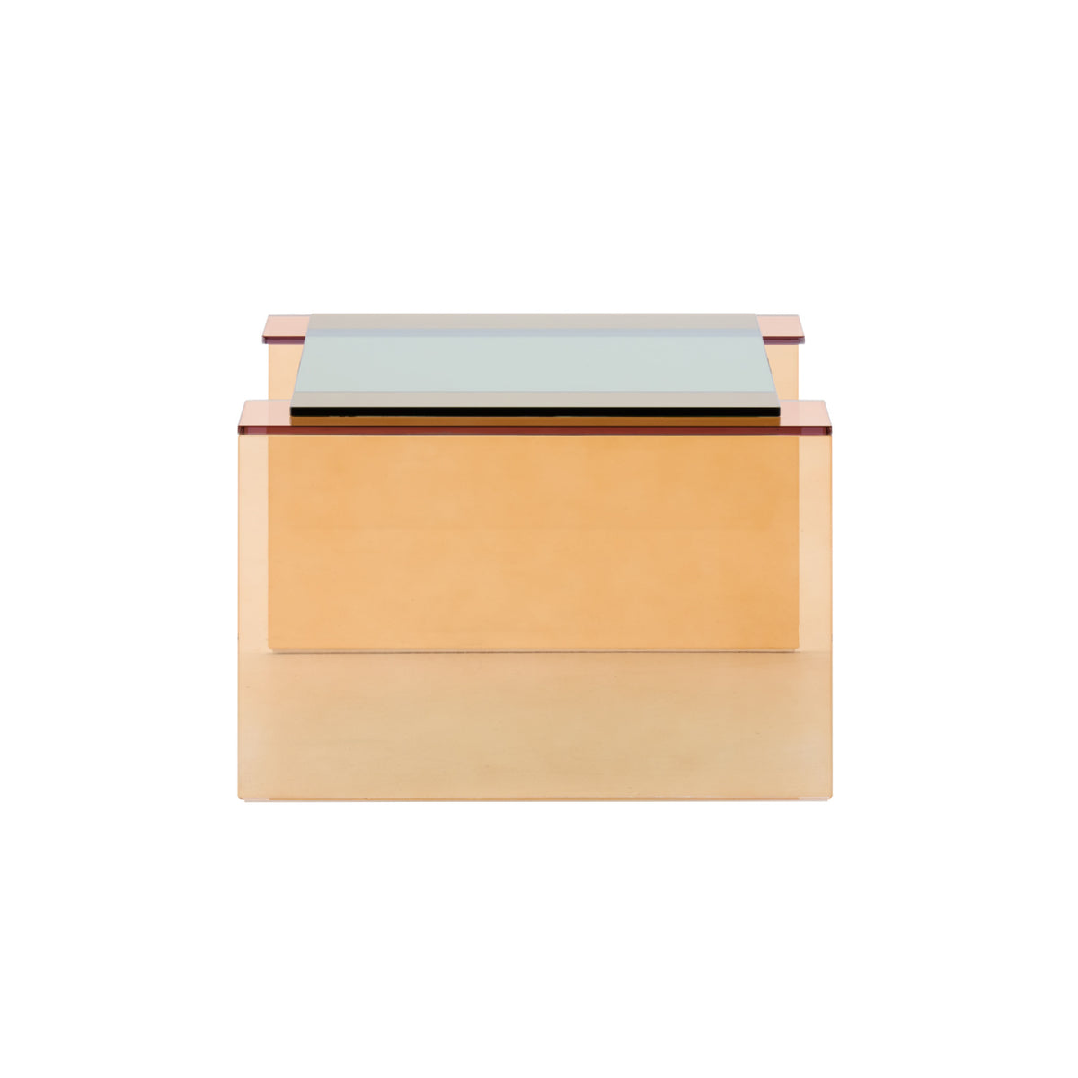 The Patchs Low Table by Ligne Roset is a modern, geometric side table with a gold base and a green-tinted tempered glass top, featuring clean lines and a minimalist design, photographed against a white background.