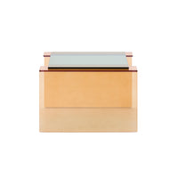 The Patchs Low Table by Ligne Roset is a modern, geometric side table with a gold base and a green-tinted tempered glass top, featuring clean lines and a minimalist design, photographed against a white background.