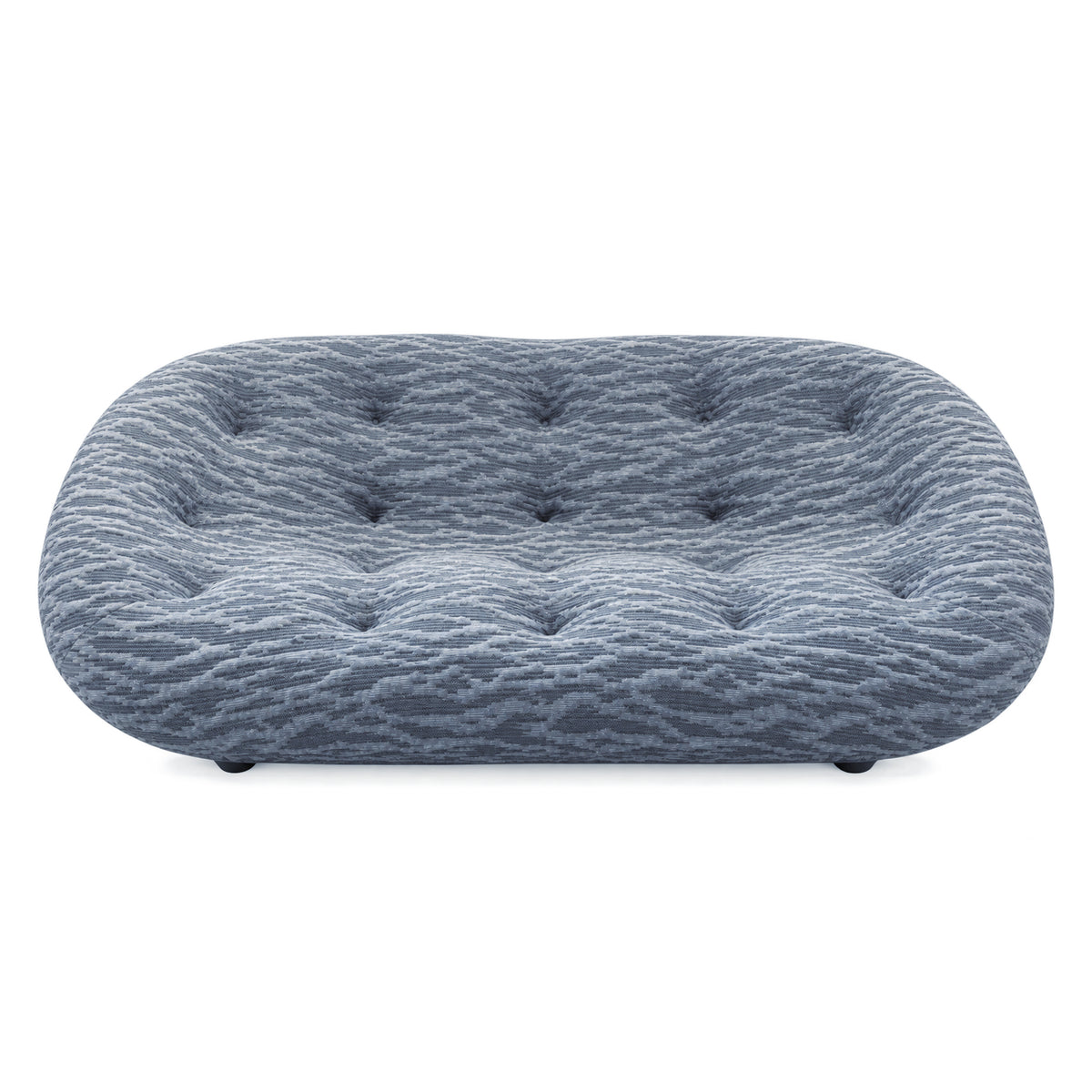 Ex-Display Ploum Medium High Back Sofa in grey Sea fabric, featuring a low-profile curved design with tufted button detailing.