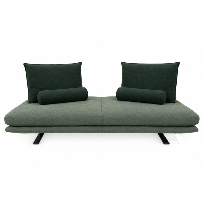 The Ex-Display Prado Medium Sofa by Ligne Roset, upholstered in Alcantara, features two generous square back cushions and two cylindrical bolsters, sleek black metal legs, and a minimalist design inspired by the adaptable settee concept—all presented against a white background.