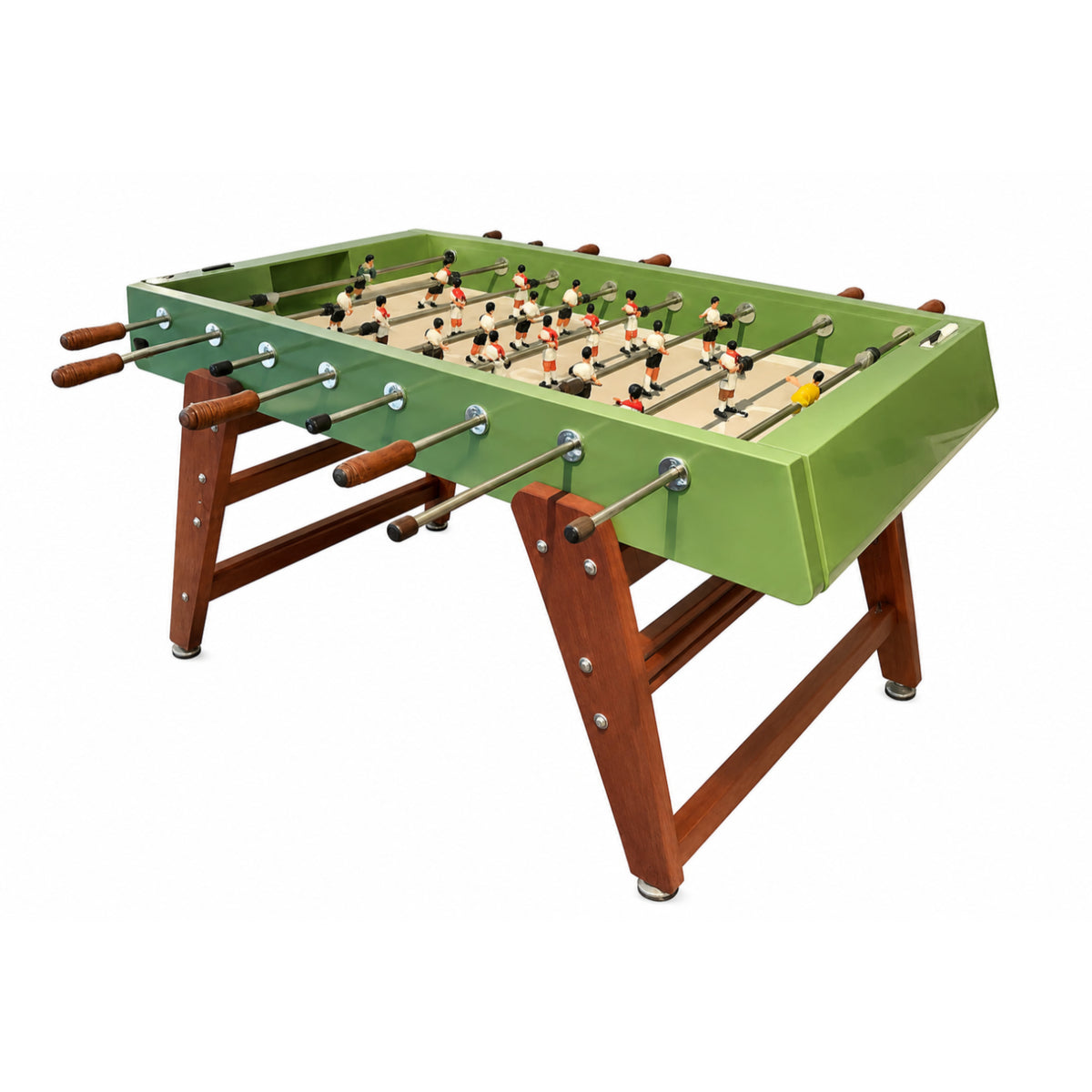 An R3 Wooden Table Football by RS Barcelona, finished in green with sturdy wooden legs and handles, features miniature soccer players and a yellow ball on the playing field—this outdoor foosball table combines stylish design and durability for endless backyard fun.