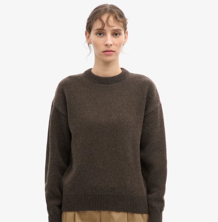 Oversized Merino Wool Crewneck Sweater, Coffee Brown