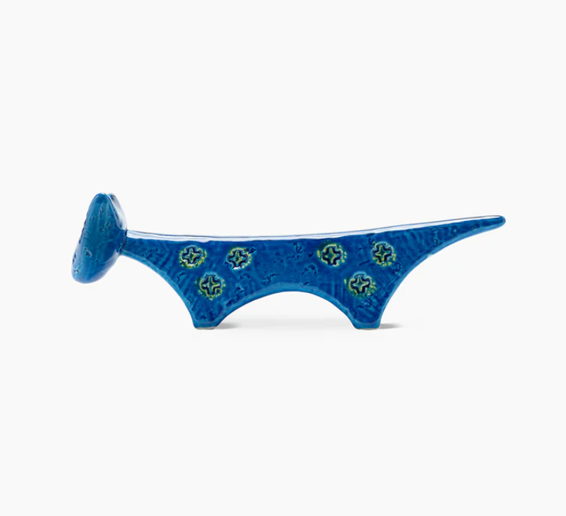 A blue ceramic Cat Figure by Bitossi, featuring a round head, arched body, three legs, and green patterns—ideal for fans of Rimini Blu mid-century style.